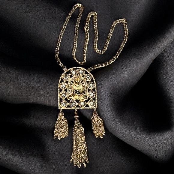 Vintage Buddha Gold Tone Rhinestone Pendant Necklace with Tassels - Picture 2 of 6